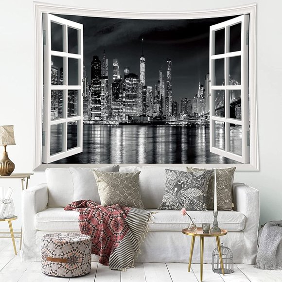 Black White NYC New York Cityscape Window View Metropolitan Bedroom Tapestry - Picture 4 of 4